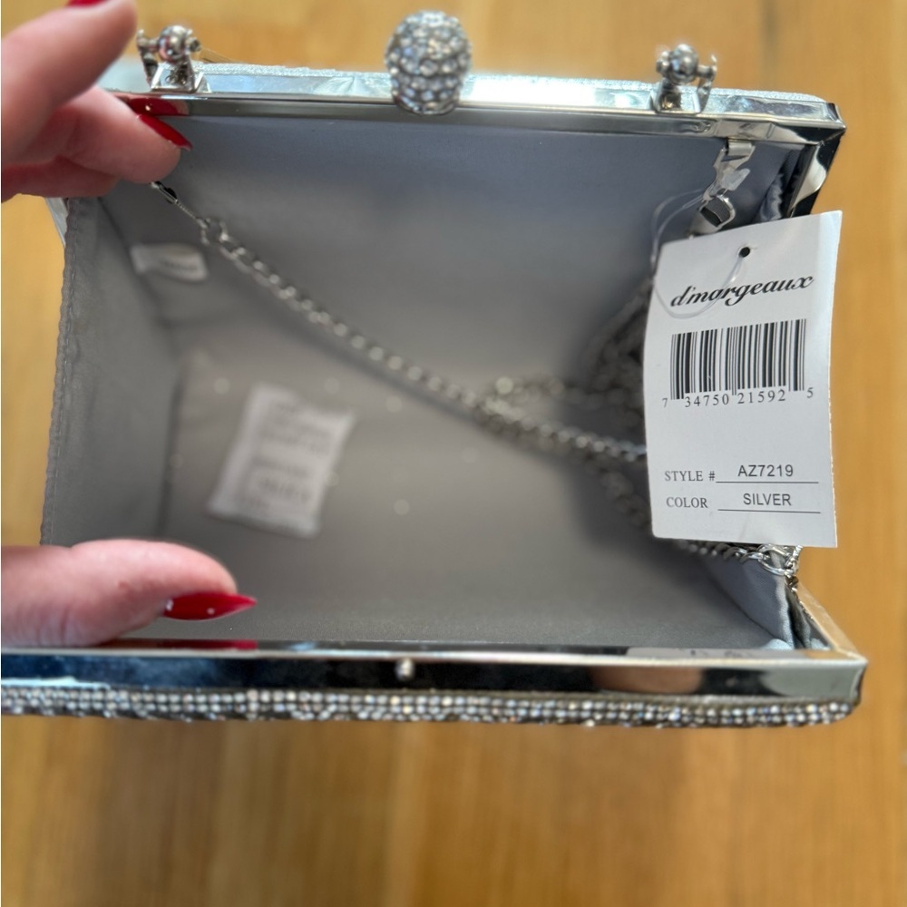 NWT d'morgeaux Silver Rhinestone Clutch Bag AZ7219 Metal Handle Shoulder Purse - Picture 7 of 12